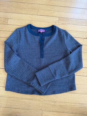 Edikted Navy Ribbed Henley Long Sleeve Top